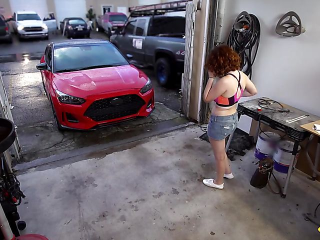 Redhead hairy girl with big boobies Annabel Redd needs him to fix her car and cunt