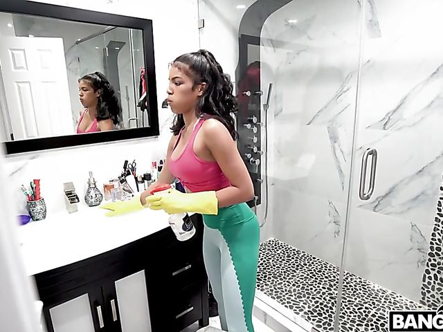 19 yo dirty latina maid Maya Farrell helps mom and cleans the cock like a pro