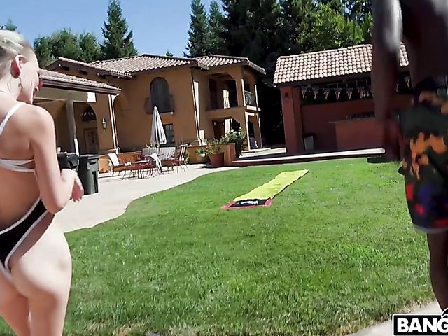 Petite BBC fan Kate Bloom fucks that monster indoors and outside