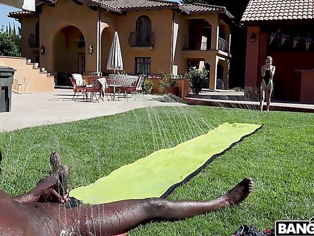 Petite BBC fan Kate Bloom fucks that monster indoors and outside