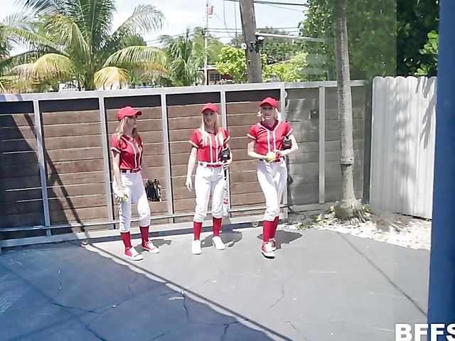 Baseball foursome with 3 girls in uniform Dixie Lynn, Lola Leda, and Athena May