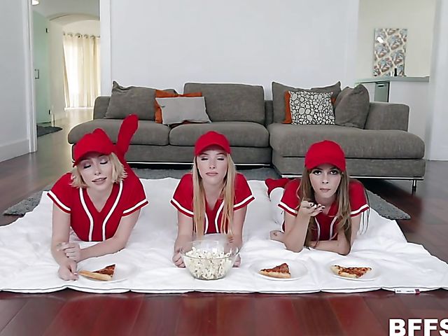 Baseball foursome with 3 girls in uniform Dixie Lynn, Lola Leda, and Athena May
