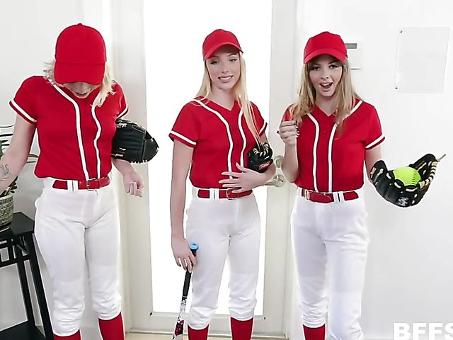 Baseball foursome with 3 girls in uniform Dixie Lynn, Lola Leda, and Athena May