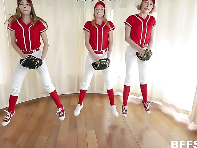 Baseball foursome with 3 girls in uniform Dixie Lynn, Lola Leda, and Athena May