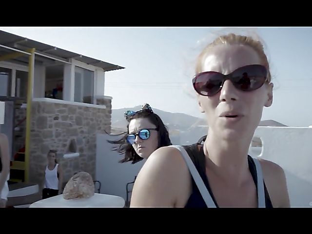 Nancy A and Melody Petite play with lesbian toys on Mykonos