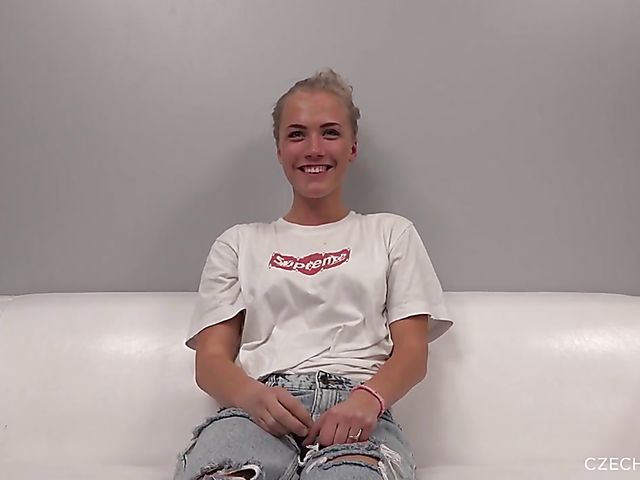 Blonde Czech newbie Rozalie gets her ass covered in oil