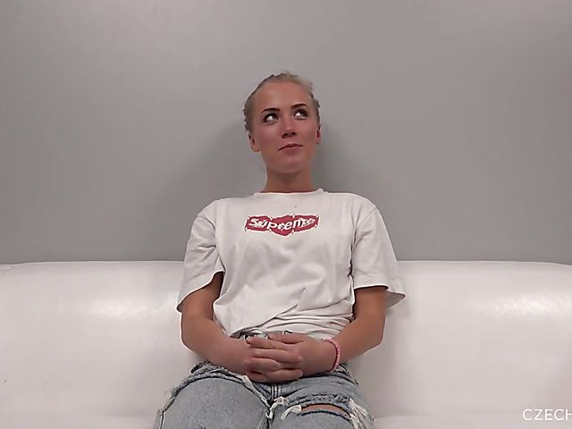 Blonde Czech newbie Rozalie gets her ass covered in oil