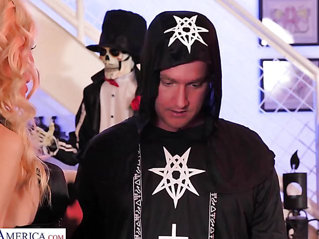 Big tits threesome with MILFs Katie Monroe and Riley Steele at Halloween costume party 