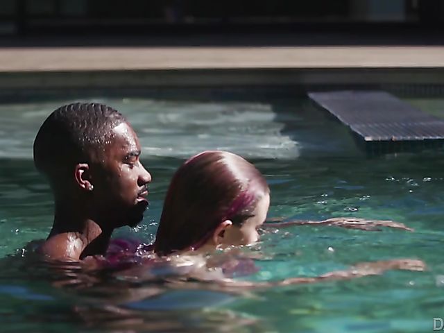 Interracial shower fuck with Haley Reed after underwater blowjob in the pool