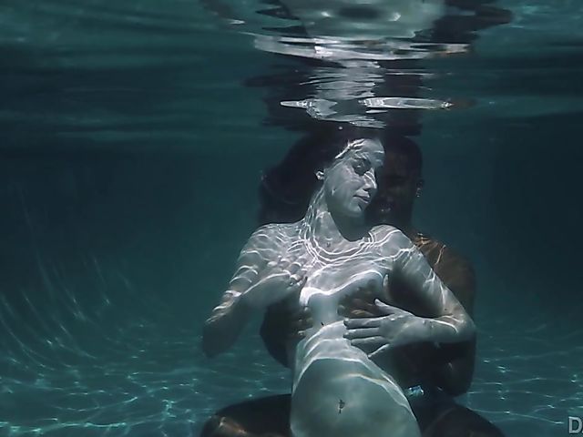 Interracial shower fuck with Haley Reed after underwater blowjob in the pool