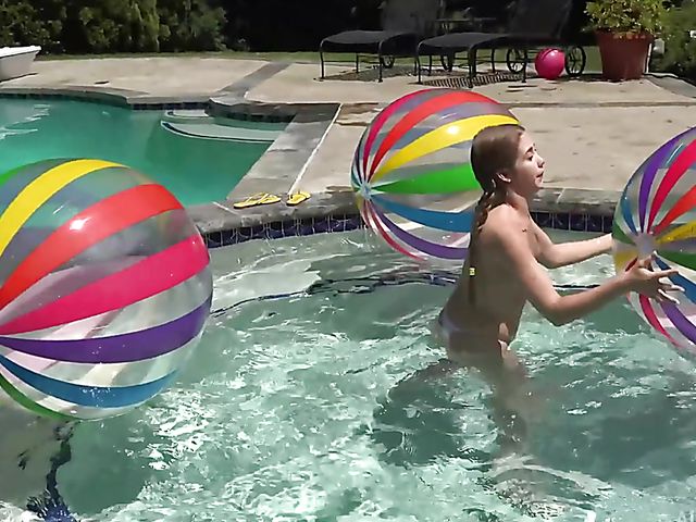 Audrey Hempburn's shaved teen pussy spread and filled with toys by the pool