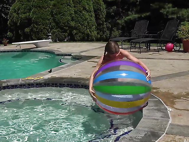 Audrey Hempburn's shaved teen pussy spread and filled with toys by the pool