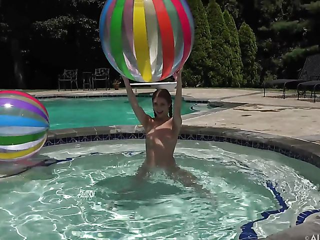 Audrey Hempburn's shaved teen pussy spread and filled with toys by the pool