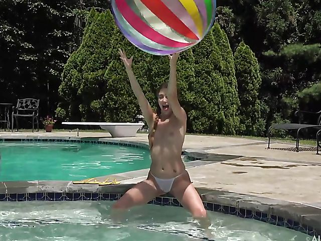 Audrey Hempburn's shaved teen pussy spread and filled with toys by the pool