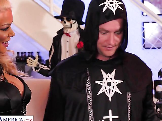Two MILFs one guy cosplay threesome on Halloween with busty Katie Monroe and Riley Steele