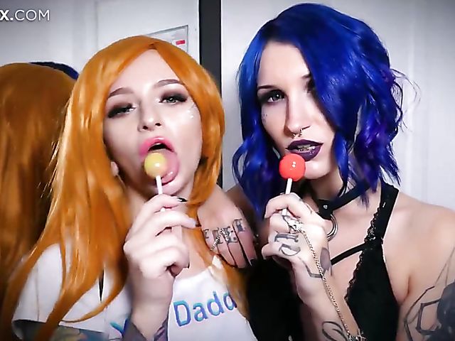 Halloween FFM anal with color hair sluts with lollipops Keoki Star and Leah Meow
