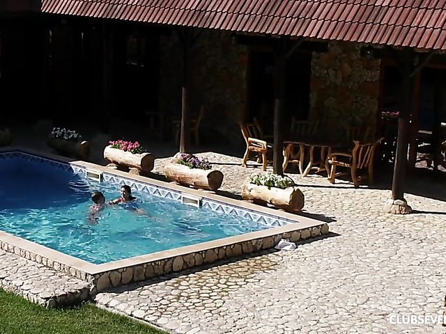 Cute young brunette Endlessa Vitality kissing in the pool and banging in bed