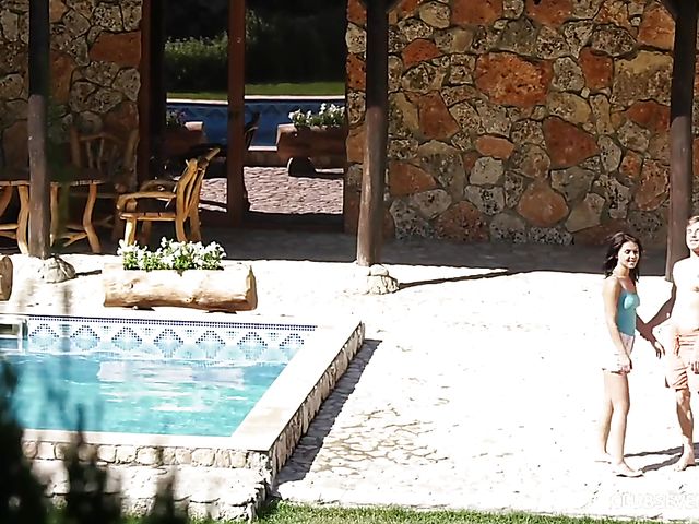 Cute young brunette Endlessa Vitality kissing in the pool and banging in bed