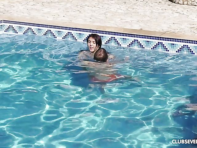 Cute young brunette Endlessa Vitality kissing in the pool and banging in bed