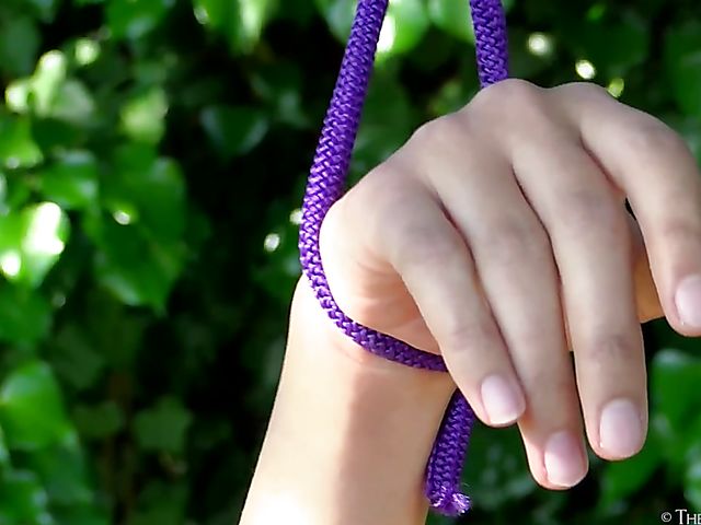 Outdoor bondage solo and wet hairy orgasm with teen Selva