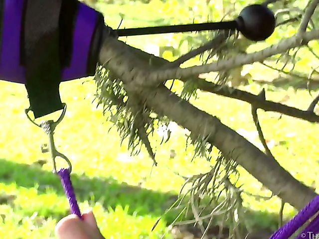 Outdoor bondage solo and wet hairy orgasm with teen Selva