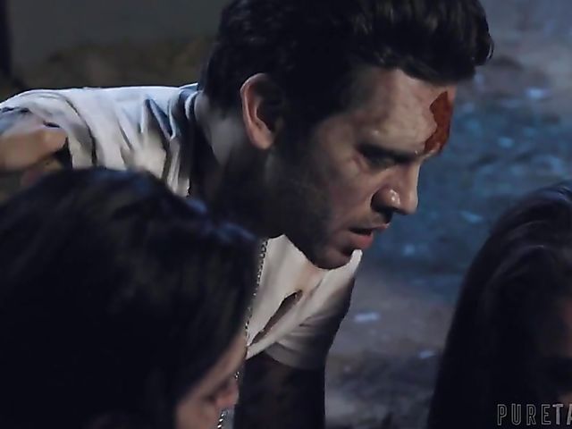 Redhead Lacy Lennon's extreme rough 4some in the night with dirty Joanna Angel and Katrina Jade