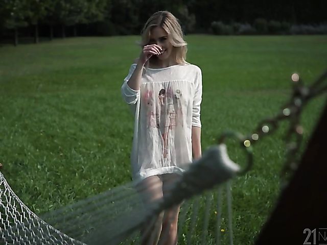 Outdoor footjob and fuck in the garden with stunning Nesty