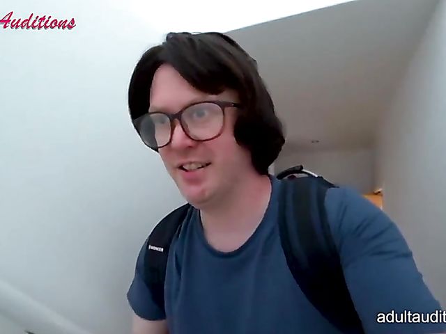 Blowjob audition and cum swallow with skinny Leyla and the nerd