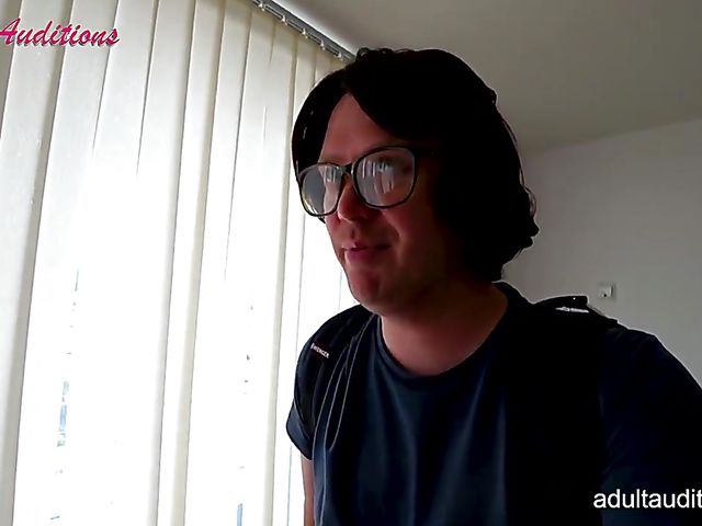 Blowjob audition and cum swallow with skinny Leyla and the nerd