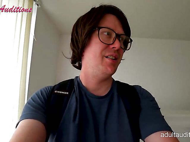 Blowjob audition and cum swallow with skinny Leyla and the nerd