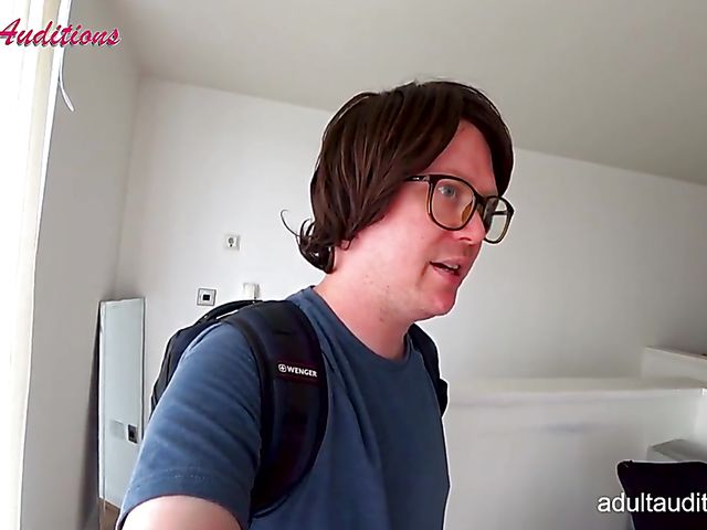 Blowjob audition and cum swallow with skinny Leyla and the nerd