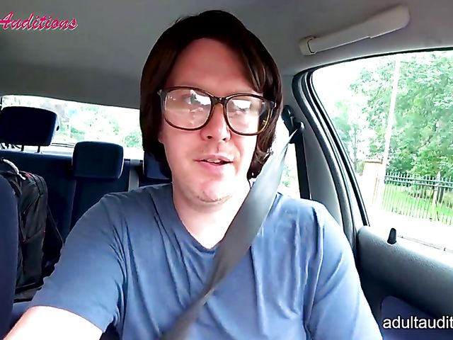 Blowjob audition and cum swallow with skinny Leyla and the nerd