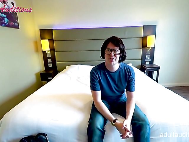 Blowjob audition and cum swallow with skinny Leyla and the nerd