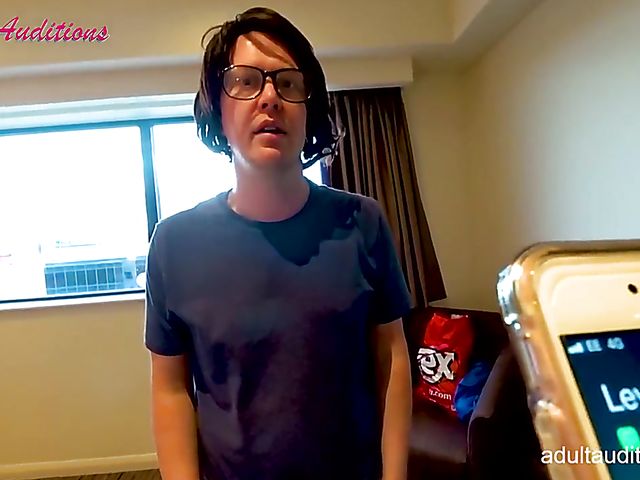 Blowjob audition and cum swallow with skinny Leyla and the nerd
