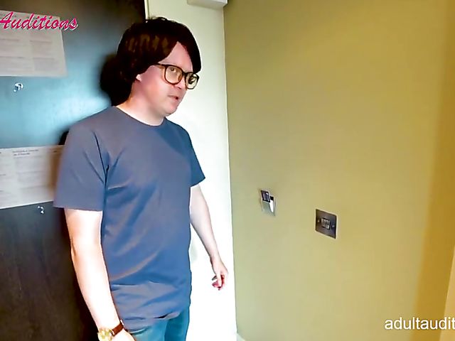 Blowjob audition and cum swallow with skinny Leyla and the nerd