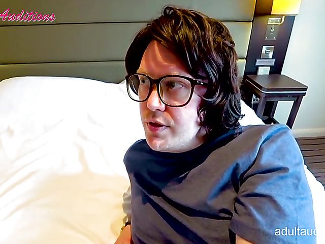 Blowjob audition and cum swallow with skinny Leyla and the nerd