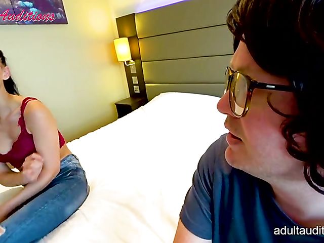 Blowjob audition and cum swallow with skinny Leyla and the nerd