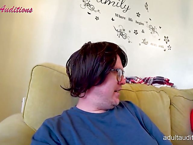 Blowjob audition and cum swallow with skinny Leyla and the nerd