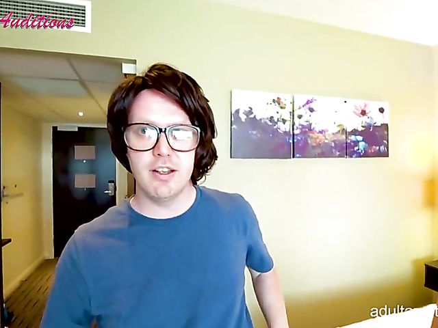 Blowjob audition and cum swallow with skinny Leyla and the nerd