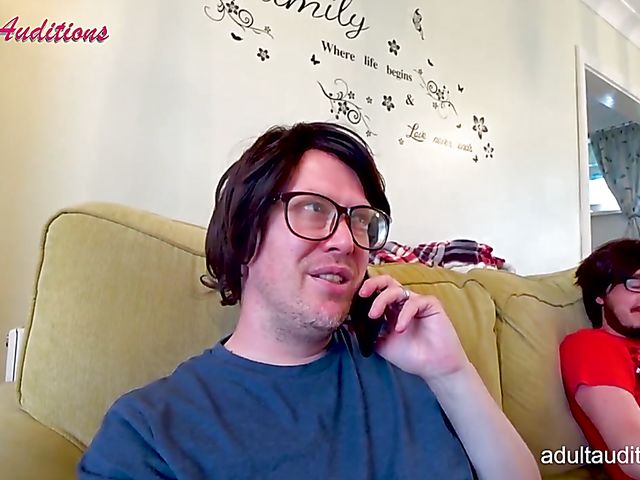 Blowjob audition and cum swallow with skinny Leyla and the nerd