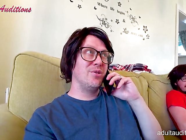 Blowjob audition and cum swallow with skinny Leyla and the nerd