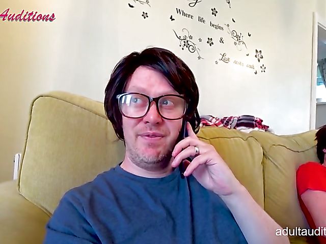 Blowjob audition and cum swallow with skinny Leyla and the nerd