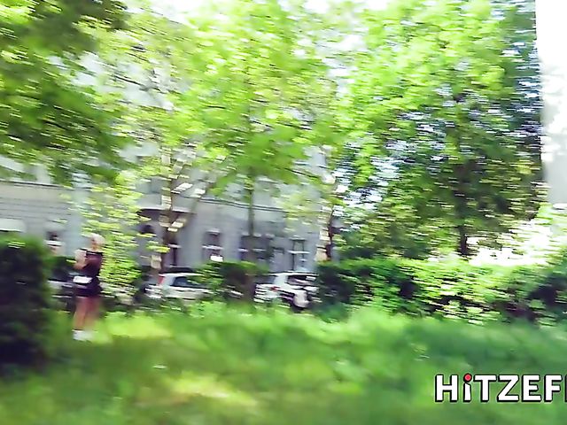 German MILF Sophie Logan flashes her tits and slit in the street before she gets fucked