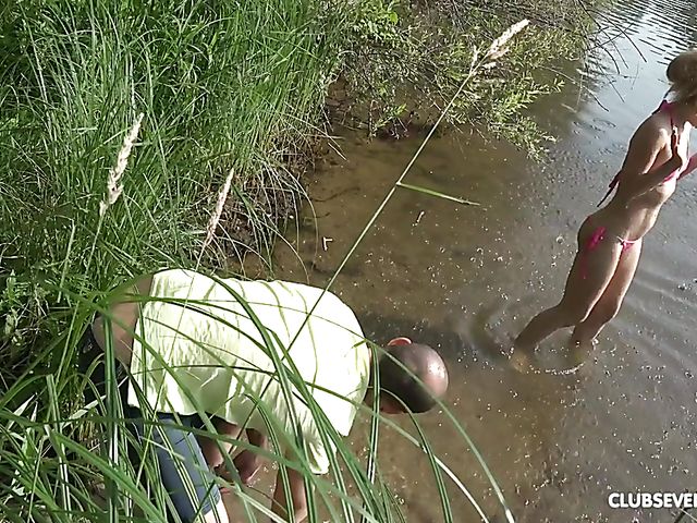 Bikini teen Mary Rock gets hammered by the lake