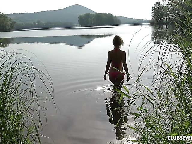 Bikini teen Mary Rock gets hammered by the lake