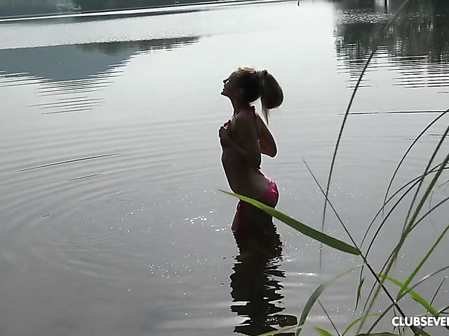 Bikini teen Mary Rock gets hammered by the lake