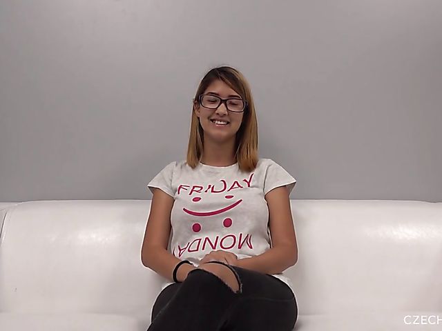 Nice girl with glasses Katka is ready to show her big natural boobs for the first time