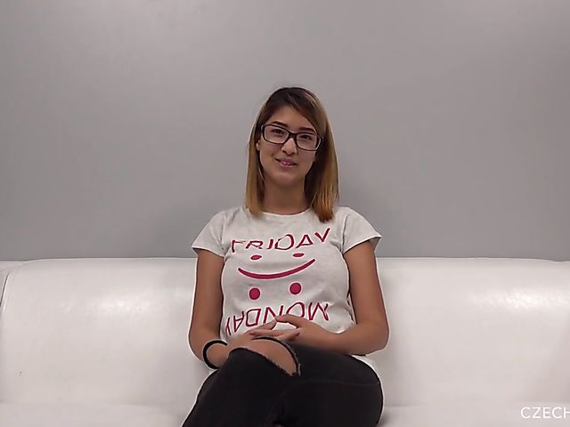 Nice girl with glasses Katka is ready to show her big natural boobs for the first time