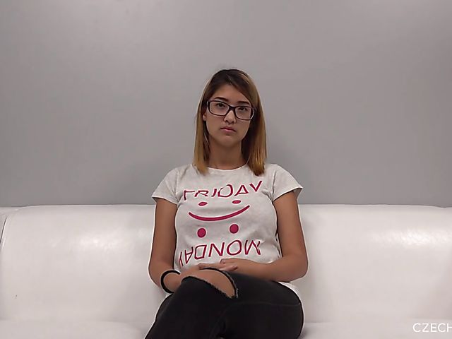 Nice girl with glasses Katka is ready to show her big natural boobs for the first time
