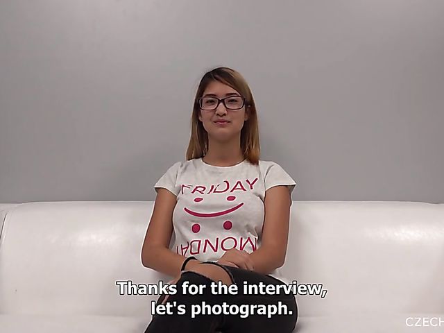 Nice girl with glasses Katka is ready to show her big natural boobs for the first time